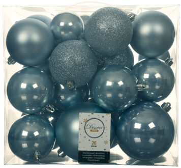 Decoris Kerstballen - 26x st - lichtblauw - 6-8-10 cm - kunststof - Kerstbal