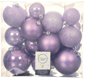 Decoris Kerstballen - 26x st - lila paars - 6-8-10 cm - kunststof - Kerstbal