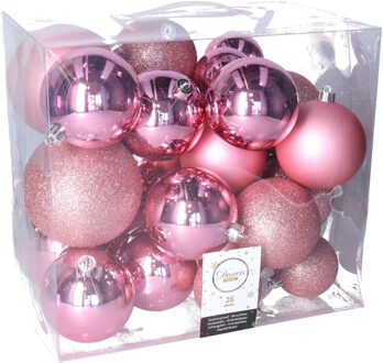 Decoris Kerstballen - 26x st - lippenstift roze - 6-8-10 cm -kunststof - Kerstbal