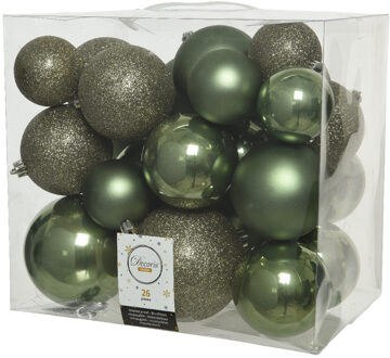 Decoris Kerstballen - 26x st - mosgroen - 6-8-10 cm - kunststof - Kerstbal