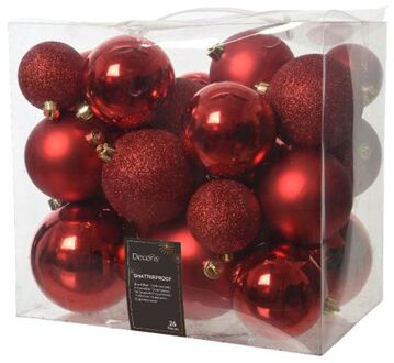 Decoris kerstballen - 26x st - rood - 6, 8 en 10 cm - kunststof
