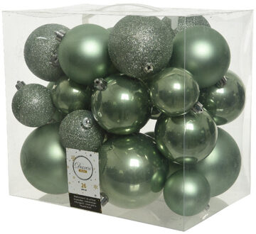 Decoris Kerstballen - 26x st - salie groen - 6-8-10 cm - kunststof - kerstversiering