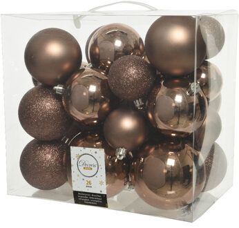 Decoris Kerstballen - 26x st - walnoot bruin - 6-8-10 cm - kunststof - kerstversiering