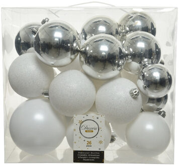 Decoris Kerstballen - 26x st - wit en zilver - 6, 8 en 10 cm - kunststof - Kerstbal Multikleur