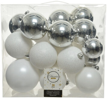 Decoris Kerstballen - 26x st - wit en zilver - 6, 8 en 10 cm - kunststof - kerstversiering
