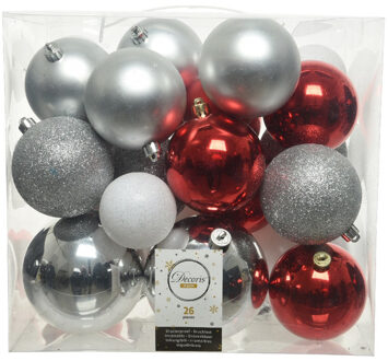 Decoris Kerstballen - 26x st - zilver/rood/wit - 6, 8, 10 cm - kunststof