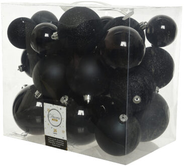 Decoris Kerstballen - 26x st - zwart - 6, 8 en 10 cm - kunststof - mat/glans - kerstversiering