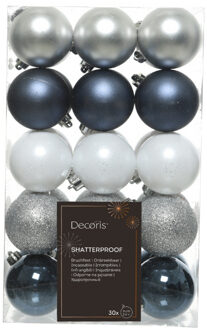 Decoris kerstballen - 30x - kunststof - donkerblauw/wit/zilver - 6 cm