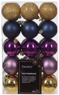 Decoris Kerstballen - 30x - kunststof - goud/donkerblauw/paars - 6 cm