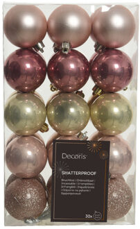 Decoris Kerstballen - 30x - kunststof - lichtroze/oudroze/champagne - 6 cm