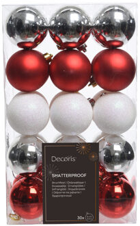 Decoris Kerstballen - 30x - kunststof - rood/wit parelmoer/zilver - 6 cm