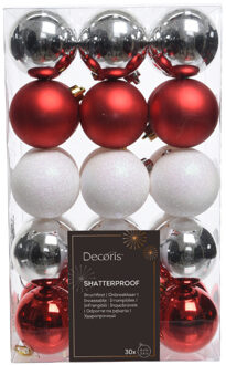 Decoris kerstballen - 30x - rood/wit parelmoer/zilver- 6 cm -kunststof - Kerstbal