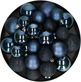 Decoris Kerstballen - 30x st - donkerblauw - 4, 5, 6 cm - kunststof - mat-glans-glitter
