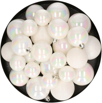 Decoris Kerstballen - 30x st - parelmoer wit - 4, 5, 6 cm - kunststof - mat-glans-glitter