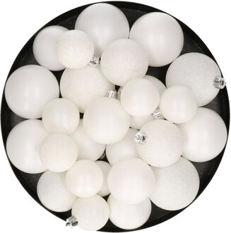 Decoris Kerstballen - 30x st - wit - 4, 5, 6 cm - kunststof - mat-glans-glitter