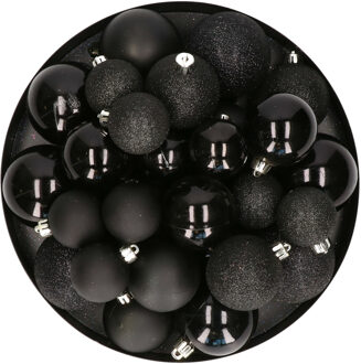 Decoris Kerstballen - 30x st - zwart - 4, 5, 6 cm - kunststof - mat-glans-glitter