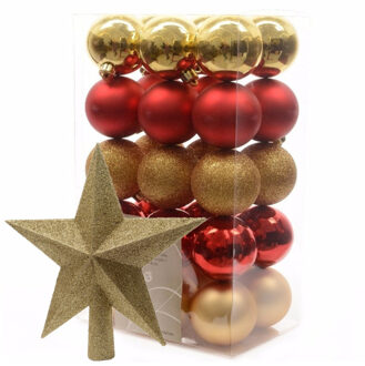 Decoris Kerstballen 30x stuks 6 cm rood-goud met ster piek goud kunststof - Kerstbal Goudkleurig