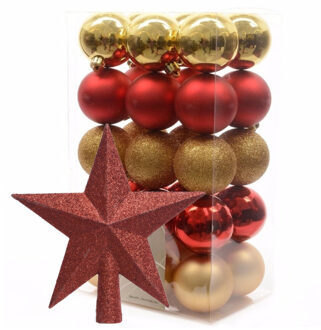 Decoris Kerstballen 30x stuks 6 cm rood-goud met ster piek rood kunststof