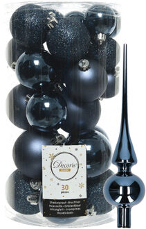 Decoris kerstballen 30x stuks - donkerblauw 4/5/6 cm kunststof mat/glans/glitter mix en piek - Kerstbal