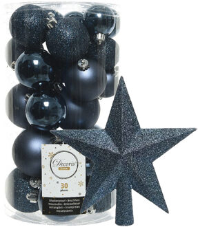 Decoris kerstballen 30x stuks - donkerblauw 4/5/6 cm kunststof mat/glans/glitter mix en piek