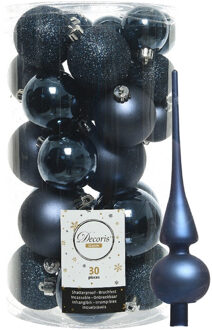 Decoris kerstballen 30x stuks - donkerblauw 4/5/6 cm kunststof mat/glans/glitter mix en piek