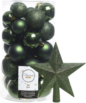 Decoris kerstballen 30x stuks - donkergroen 4/5/6 cm kunststof mat/glans/glitter mix en piek