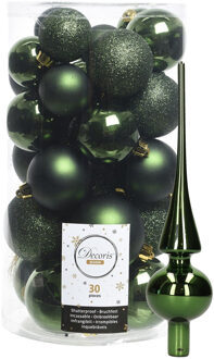 Decoris kerstballen 30x stuks - donkergroen 4/5/6 cm kunststof mat/glans/glitter mix en piek