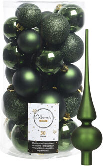 Decoris kerstballen 30x stuks - donkergroen 4/5/6 cm kunststof mat/glans/glitter mix en piek