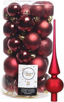 Decoris kerstballen 30x stuks - donkerrood 4/5/6 cm kunststof mat/glans/glitter mix en piek - Kerstbal