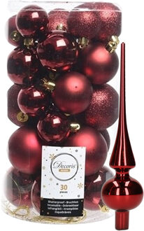 Decoris kerstballen 30x stuks - donkerrood 4/5/6 cm kunststof mat/glans/glitter mix en piek