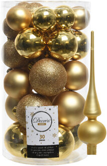 Decoris kerstballen 30x stuks - goud 4/5/6 cm kunststof mat/glans/glitter mix en piek - Kerstbal Goudkleurig