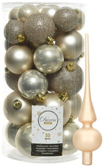 Decoris kerstballen 30x stuks - licht champagne 4/5/6 cm kunststof mat/glans/glitter mix en piek - Kerstbal Champagnekleurig