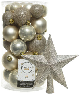 Decoris kerstballen 30x stuks - licht champagne 4/5/6 cm kunststof mat/glans/glitter mix en piek