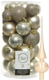 Decoris kerstballen 30x stuks - licht champagne 4/5/6 cm kunststof mat/glans/glitter mix en piek