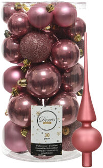 Decoris kerstballen 30x stuks - oud roze 4/5/6 cm kunststof mat/glans/glitter mix en piek - Kerstbal