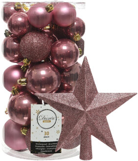 Decoris kerstballen 30x stuks - oud roze 4/5/6 cm kunststof mat/glans/glitter mix en piek