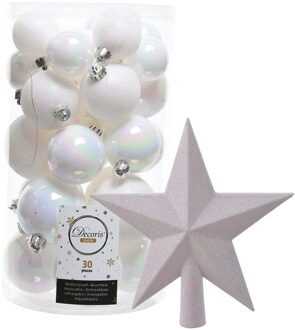 Decoris kerstballen 30x stuks - parelmoer wit 4/5/6 cm kunststof mat/glans/glitter mix en piek