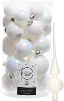 Decoris kerstballen 30x stuks - parelmoer wit 4/5/6 cm kunststof mat/glans/glitter mix en piek