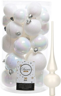 Decoris kerstballen 30x stuks - parelmoer wit 4/5/6 cm kunststof mat/glans/glitter mix en piek
