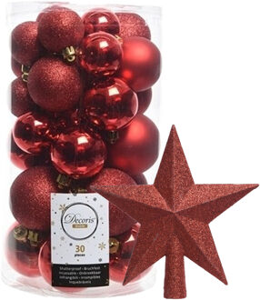 Decoris kerstballen 30x stuks - rood 4/5/6 cm kunststof mat/glans/glitter mix en piek - Kerstbal