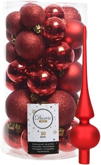 Decoris kerstballen 30x stuks - rood 4/5/6 cm kunststof mat/glans/glitter mix en piek - Kerstbal