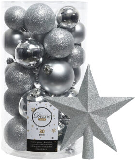 Decoris kerstballen 30x stuks - zilver 4/5/6 cm kunststof mat/glans/glitter mix en piek