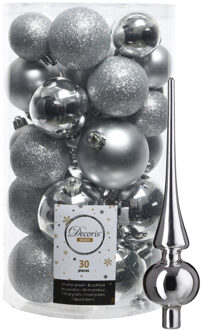 Decoris kerstballen 30x stuks - zilver 4/5/6 cm kunststof mat/glans/glitter mix en piek
