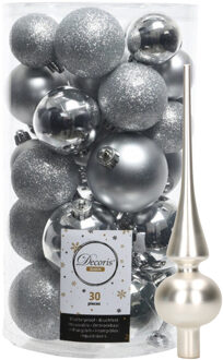 Decoris kerstballen 30x stuks - zilver 4/5/6 cm kunststof mat/glans/glitter mix en piek
