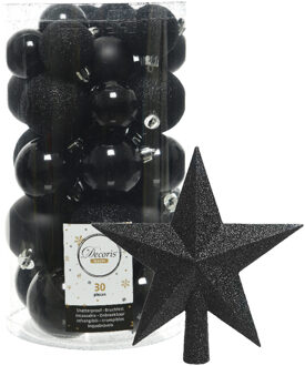 Decoris kerstballen 30x stuks - zwart 4/5/6 cm kunststof mat/glans/glitter mix en piek - Kerstbal