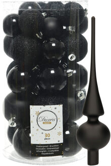 Decoris kerstballen 30x stuks - zwart 4/5/6 cm kunststof mat/glans/glitter mix en piek