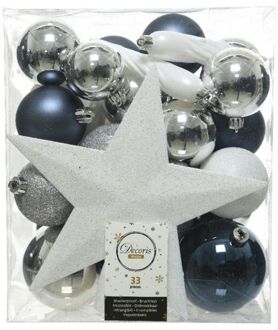 Decoris Kerstballen - 33 st - blauw-wit-zilver - 5-6-8 cm Multicolor