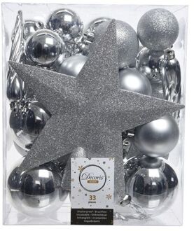 Decoris Kerstballen - 33 ST - zilverkleurig - mix - 5-8 cm