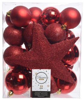 Decoris Kerstballen - 33 stuks - rood - mix - met piek - 5-6-8 cm