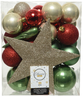 Decoris kerstballen - 33x st incl. ster piek - champagne/rood/groen - kunststof - Kerstbal Multikleur